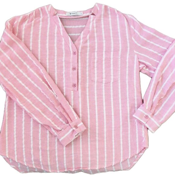Yidarton Women’s Pink White Striped Blouse Size Large V-Neck Long Sleeve Linen - Picture 2 of 8